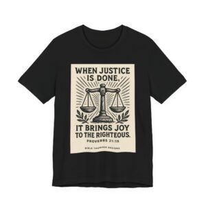 justice scales tee — "when justice is done it brings joy to the righteous" (proverbs 21:15)